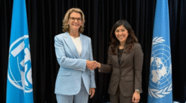 Momen pertemuan Menteri Meutya dengan Sekretaris Jenderal International Telecommunications Union (ITU), Doreen Bogdan-Martin, di Jenewa, Swiss, Rabu, 9/7/2025 (foto: ist) 

