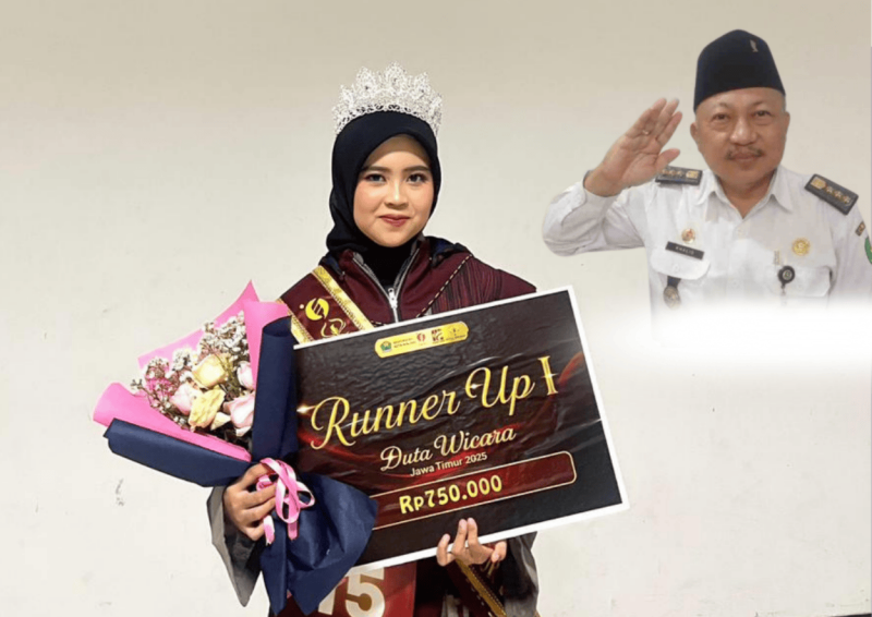Kolase foto Aliya Zahra Runner Up 1 Duta Wicara Jatim 2025 bersama Camat Ganding Abd. Khalid